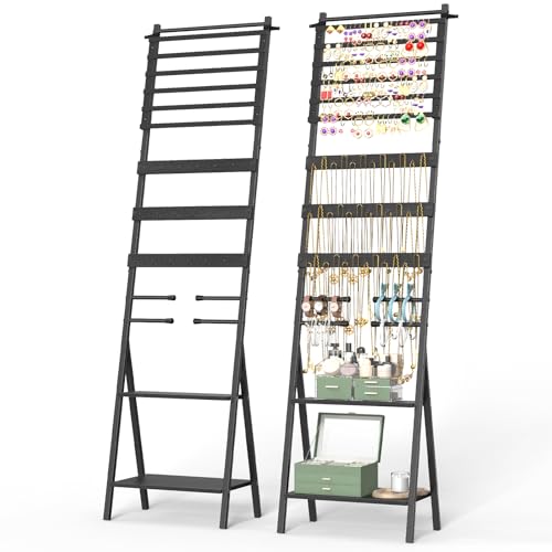 Jewelry Organizer Stand Floor Jewelry Holder Stand with Necklace Holder Earring Floor Stand, Tall Jewelry Armoire for Watches, Rings, Bangle, 54 Holes Metal Earring Rack, Black - color: Black