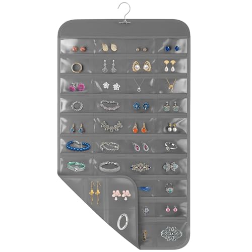 1 Pack Hanging Jewelry Organizer, 80 Clear Pockets earring organizer and storage, Accessories holder organizer for Closet, Jewelries, Necklace, Travel - color: Gray
