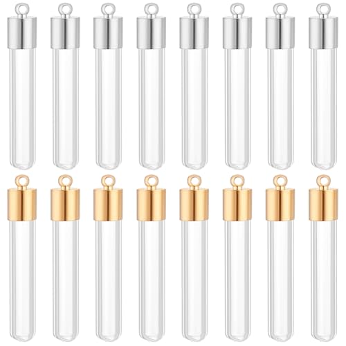 PH PandaHall 16 pcs 30mm Clear Glass Bottles Hanging Tube Wish Bottles with Golden/Silver Metal Caps for Necklace Pendant Jewelry Making, (NOT SCREWABLE, Need Glue ON)