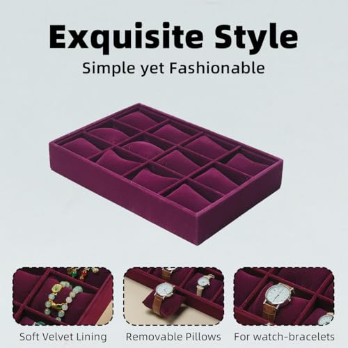 Jewelry Watch Tray, Purple Velvet Watch Jewelry Organizer 12 Grid, Stackable Watch Bracelet Bangle Display Holder, Adjustable Pillows, for Man Woman Show Birthday - color: Purple