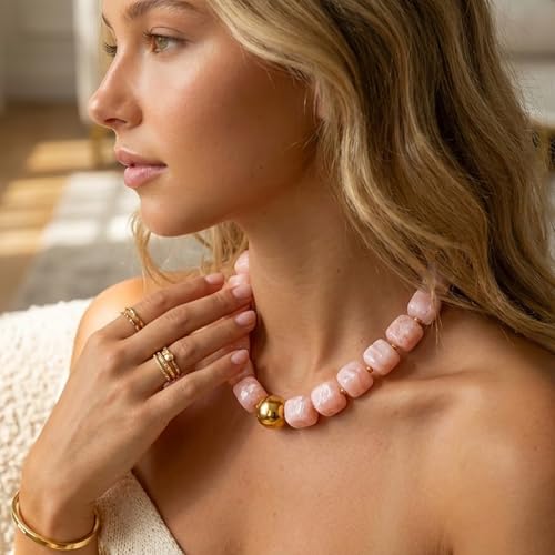 Mchic Colorful Beaded Choker Necklace for Women: Boho Large Square Acrylic Beaded Necklace Stainless Steel Adjustable Surfer Beach Strand Necklaces Summer Handmade Jewelry Gift for Women - color: Pink