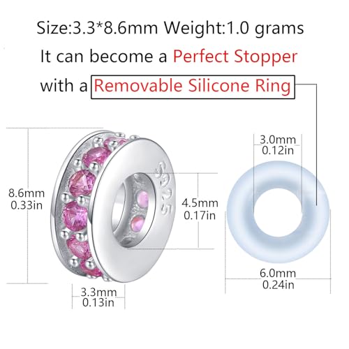 Clip Stopper Charms Sterling Silver Rondelle Spacer Bead Charm Stopper Charm for Pandora Charm Bracelets - color: Pink (2 pcs )