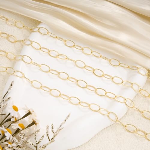 YOUBEIYEE 16.4 Feet Gold Plated Chain for Jewelry Making Stainless Steel Embossed Oval Chains Bulk for Women Necklace DIY with Jewelry Accessories - color: Embossed Ellipse Gold