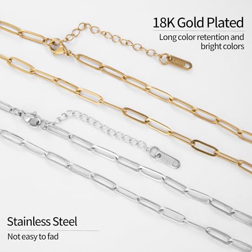 16 Pack 4mm 18K Gold Plated Paperclip Charm Necklace Chains Bulk for Jewelry Making 18Inch 18K Gold Plated and Stainless Steel Necklace Chain with 2 Inch Extension Chain for Women - color: 16 PCS 18K Gold+Silver
