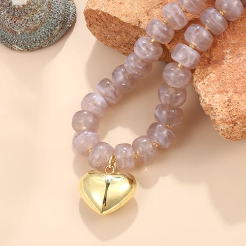Chunky Heart Necklace for Women, Colorful Acrylic Beaded Statement Puff Heart Necklace, Cute Boho Y2K Choker Necklace for Gift Jewelry - color: Gray