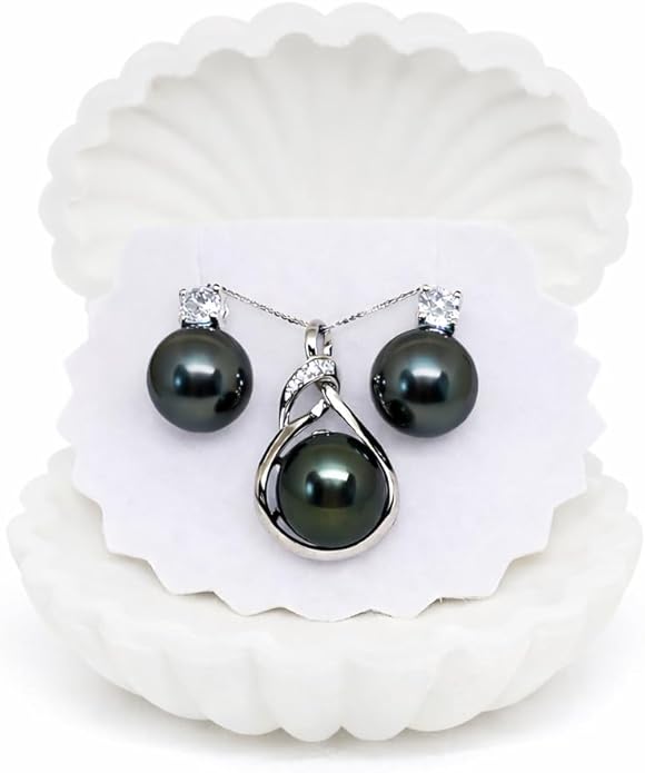 Tahitian Black Pearl Necklace & Earrings Set for Women - Genuine 9-10mm Cultured Tahitian Pearls with Sterling Silver, Premium Gift Box for Anniversary, Birthday, Valentine’s, Mother’s Day