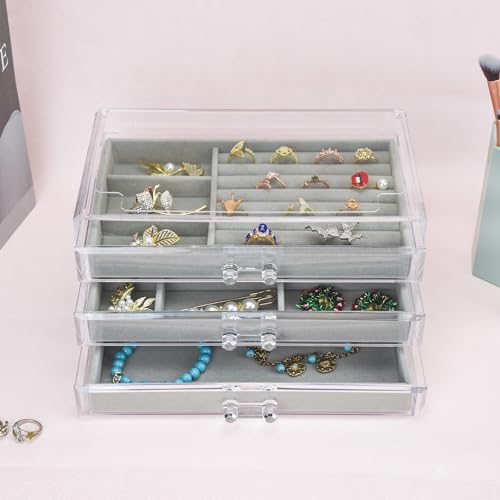 Weiai Acrylic Jewelry Box 3 Drawers, Velvet Jewellery Organizer, Earring Rings Necklaces Bracelets Display Case Gift for Women, Girls - color: Gray