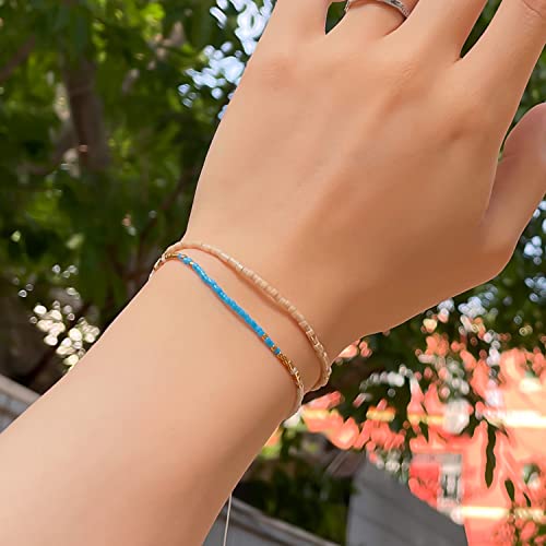 KELITCH Adjustable turquoise bead bracelet single color knitting friendship bracelet fashion jewelry daily wear gift (28 color selection) - color: Beige 04H