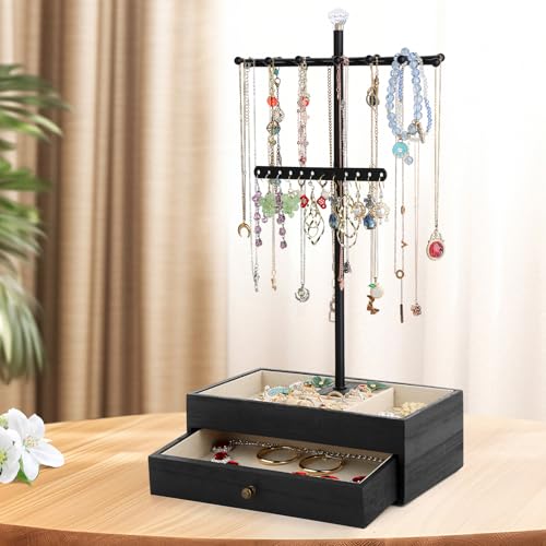 Meangood Jewelry Organizer Stand, 3-Tier Necklace Holder Jewelry Tree with Wooden Storage Drawer Box for Necklace Bracelet Earring Ring,Black - color: Dark Black