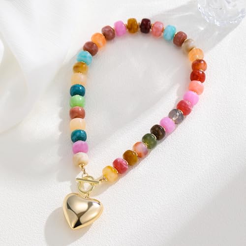 GZQ Chunky Gold Heart Necklace for Women, Resin Beaded Chain with Puff Heart Adjustable Clasp, Perfect for Daily Wear Party Date Streetwear Outfits Fashion Jewelry Gift - color: Colorful