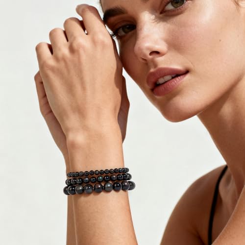 3Pcs Natural Healing Crystal Bracelets for Women Men, 4mm 6mm 8mm Beaded Stretch Bracelet Set, Black Tourmaline Natural Stone Gemstone Jewelry Gifts for Meditation, Reiki & Yoga - color: Black Obsidian