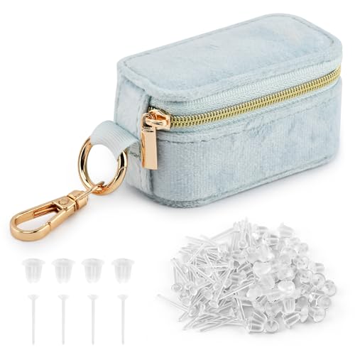 Velvet Mini Travel Jewelry Case, 2 in 1 Ring Holder Keychain + 50 Plastic Earrings, Portable Small Jewelry Organizer for Women, Travel/Gym/Wedding/Bridesmaid Gift - color: blue