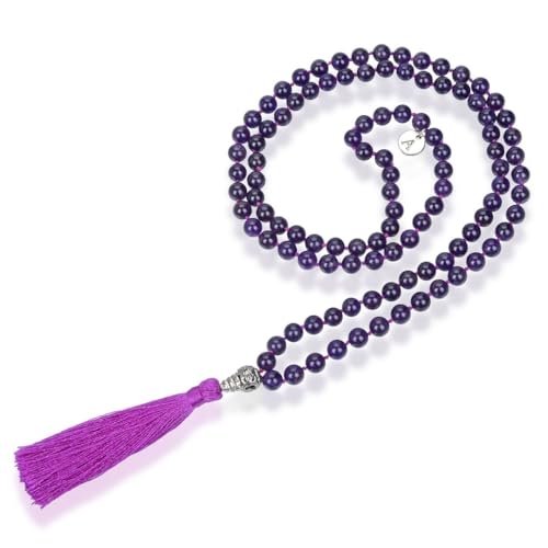 Adabele Premium 108 Mala Beads Malas Necklace - Natural Healing Gemstone Tibetan Buddhist Japa Prayer Meditation Reiki Chakra Stone Quartz Rock Women Men Jewelry - style: Amethyst