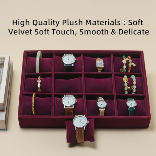 Jewelry Watch Tray, Purple Velvet Watch Jewelry Organizer 12 Grid, Stackable Watch Bracelet Bangle Display Holder, Adjustable Pillows, for Man Woman Show Birthday - color: Purple