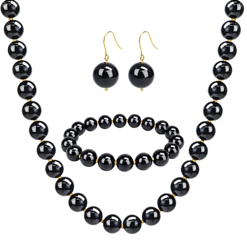 Gemstone Beaded Necklace for Women, Trendy 18K Gold Plated Hematite Natural Stone Bead Choker, Boho Handmade Summer Beach Necklaces for Women Everyday Western Jewelry Gifts - color: 04-Black Onyx