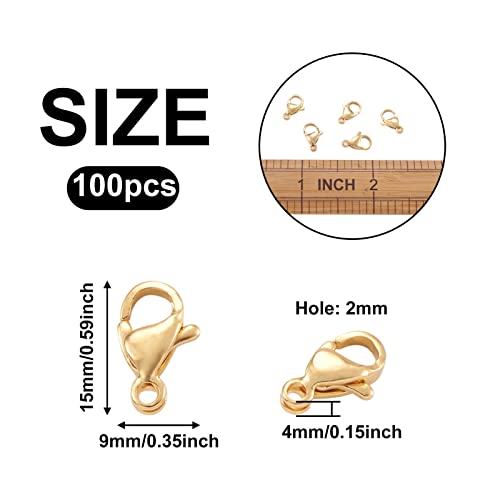 Pandahall 100Pcs Stainless Steel Lobster Claw Clasps Real 24K Gold Plated Jewelry Clasps 15x9x4mm Gold Filled Clasps for Bracelet Necklace Jewelry Making