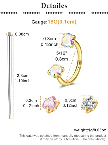 QWALIT Piercing Taper Threadless Insertion Tool - Titanium Labret Pin 16g, 18g, 20g - color: 32- tool + horseshoe ring 18g -gold