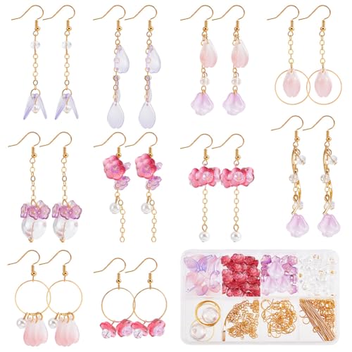 SUNNYCLUE 1 Box DIY 10 Pairs Glass Petal Charms Flower Pendants Earring Making Kit Glass Flower Beads for Jewelry Making Charms Round Linking Rings Faceted Beads Spring Earrings - color: Diy 10 Pairs Glass Petal Charms Earrings