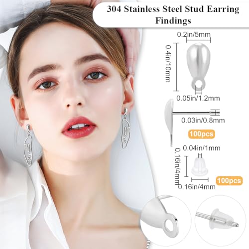 Beebeecraft 100Pcs Stud Earring with Loop 304 Stainless Steel Teardrop Post Earring Findings with Ear Nuts for Dangle Jewelry Making DIY Crafts Supplies Accessories - color: Stainless Steel Color