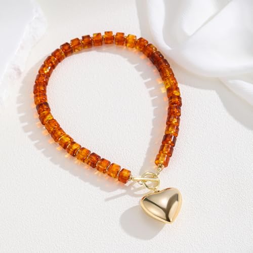 GZQ Chunky Gold Heart Necklace for Women, Resin Beaded Chain with Puff Heart Adjustable Clasp, Perfect for Daily Wear Party Date Streetwear Outfits Fashion Jewelry Gift - color: Amber