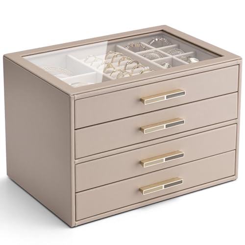 VLANDO 4 Layer Jewelry Box for Women, Mothers Day Gifts for Women, Glass Lid Jewelry Organizer with 4 Drawers for Necklaces Rings Earrings Bracelets - Toffee - color: F. Toffee, size: 4-Layer