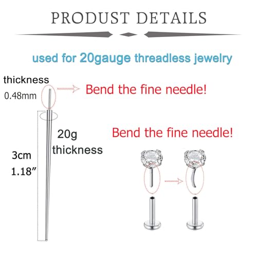 QWALIT Piercing Taper Threadless Insertion Tool - Titanium Labret Pin 16g, 18g, 20g - color: F11 - Silver Thin 20g