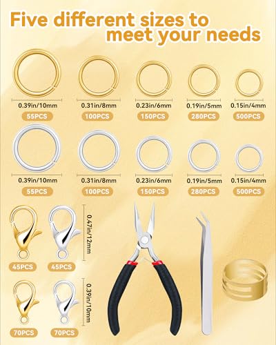 Fiveizero 2400pcs Jump Rings Kit for Jewelry Making with Gold/Silver Jump Rings,Lobster Clasps & Tools-Pliers,Tweezer,Opener for Necklace,Earrings,Charms Repair and DIY Craft Supplies ﻿