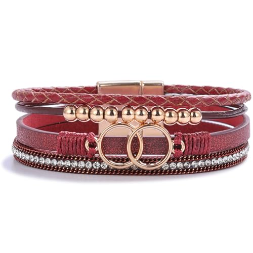 FANCY SHINY Mothers Day Gifts Boho Leather Wrap Bracelet Stackable Infinity Chunky Cuff Bracelets Western Hippie Outfits Jewelry Valentine Gifts for Women - color: Burgundy