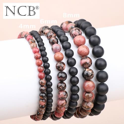 NCB 2.3-Piece 4mm Natural Crystal Gemstone Stretch Bracelets – Handmade Reiki Energy Healing Jewelry for Meditation,Yoga, Unisex - color: 2PCS ( Pink black Rhodonite+Matte Black Agate ), size: 4mm