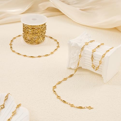 YOUBEIYEE 13 Feet Gold Plated Chain for Jewelry Making Stainless Steel Rhombic Clover Chains Bulk for Women Necklace DIY with Jewelry Accessories - color: Clover Rhombic Gold