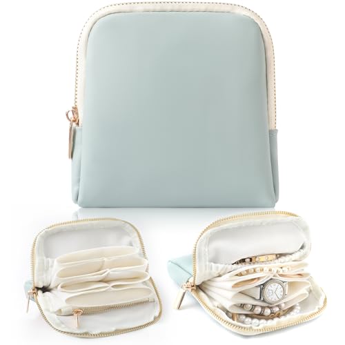 Genuine Leather Travel Jewelry Organizer Case Pouch Bags with Zipper, Small Mini Portable Jewelry Storage Bag for Ring Earrings Necklace Bracelet Travel Essentials Gift for Women（Cyan） - color: Nappa Leather Cyan