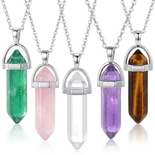 Yaomiao 5 Pieces Crystal Necklaces, Healing Stones Spiritual Pendant Natural Gemstone Jewelry with Adjustable Chain for Women Girls - color: Mixed Color with Crystal