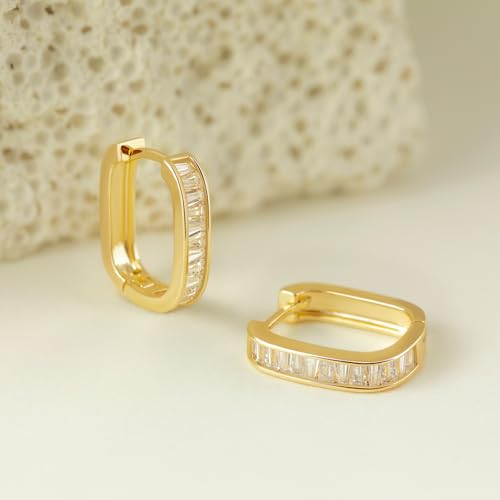 Me&Hz Gold Huggie Earrings Small Huggie Hoop Earrings for Women 14K Gold Plated Hypoallergenic Cubic Zirconia Huggies Mini Silver Hoop Earring for Women - color: Square - CZ, Gold