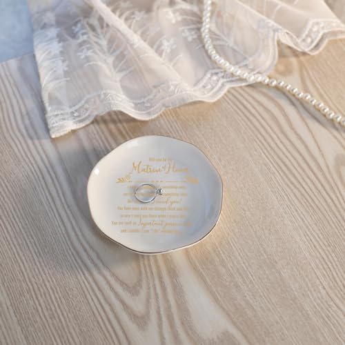 HOME SMILE Matron Of Honor Ring Dish - Will You Be My Matron Of Honor - Jewelry Trinket Dish Tray, Bridesmaid & Bridal Shower Gifts - Proposal Gift For Bestie, White Ceramic - style: Matron Of Honor