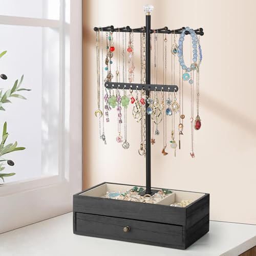 Meangood Jewelry Organizer Stand, 3-Tier Necklace Holder Jewelry Tree with Wooden Storage Drawer Box for Necklace Bracelet Earring Ring,Black - color: Dark Black