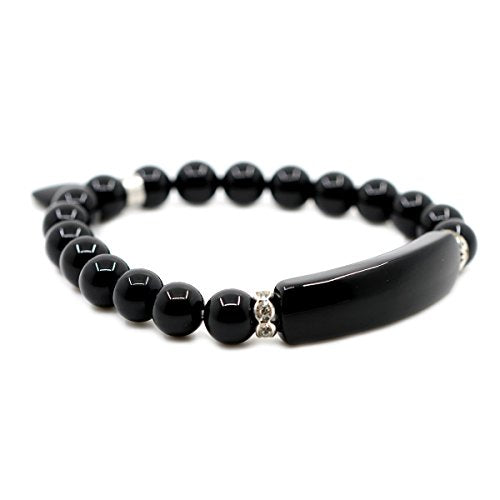 Justinstones Gem Semi Precious Gemstone Love Heart Charm Stretch Beaded Bracelet Unisex - color: Black Agate