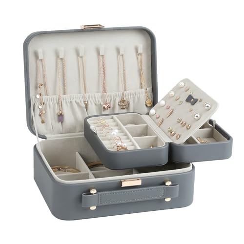 Travel Jewelry Case Large, Jewelry Box Large Jewelry Travel Organizer Jewelry Case with Handle, Best Gift for women Girls, Grey - color: A Modern Grey