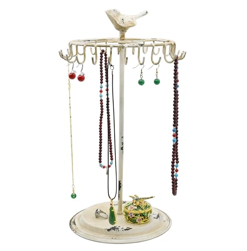 Rustic White Bird Rotating Necklace Holder Bracelet Stand/Jewelry Organizer/Jewelry Tree - color: Rustic White