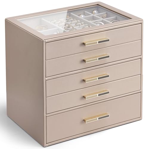 VLANDO 5 Layer Jewelry Box for Women, Glass Lid Jewelry Organizer with 5 Drawers for Necklaces Rings Earrings Bracelets - Toffee - color: F. Toffee, size: 5-Layer