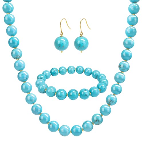 Gemstone Beaded Necklace for Women, Trendy 18K Gold Plated Hematite Natural Stone Bead Choker, Boho Handmade Summer Beach Necklaces for Women Everyday Western Jewelry Gifts - color: 03-Turquoise