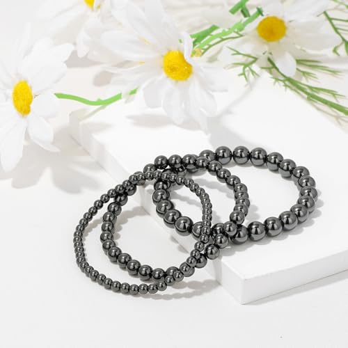 3Pcs Natural Healing Crystal Bracelets for Women Men, 4mm 6mm 8mm Beaded Stretch Bracelet Set, Black Tourmaline Natural Stone Gemstone Jewelry Gifts for Meditation, Reiki & Yoga - color: Hematite