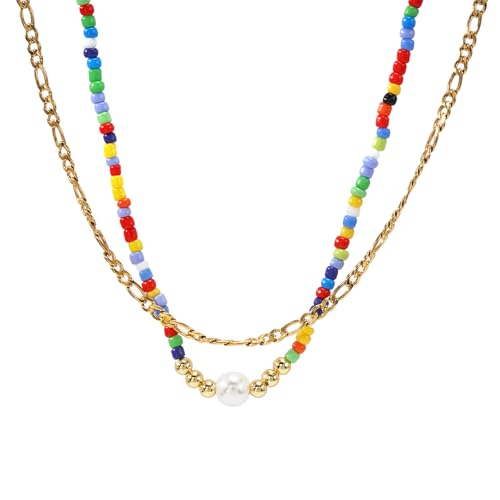 Colorful Gold Stack Seed Beaded Choker Necklace Set for Women,Handmade Boho Fashion Christian Cross Heart Freshwater pearl Jewelry,Valentine's Summer Holiday Beach Friendship Gift - color: Pearl