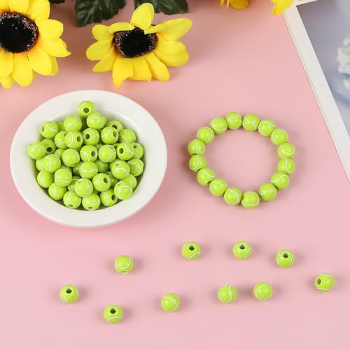 100pcs Tennis Beads with 5.5 Yard Elastic Rope,Acrylic Sports Beads DIY Spacer Bead for Necklace Bracelet Keychains Handmade Jewelry Making Accessories Craft Supplies,12mm(Tennis) - color: Tennis