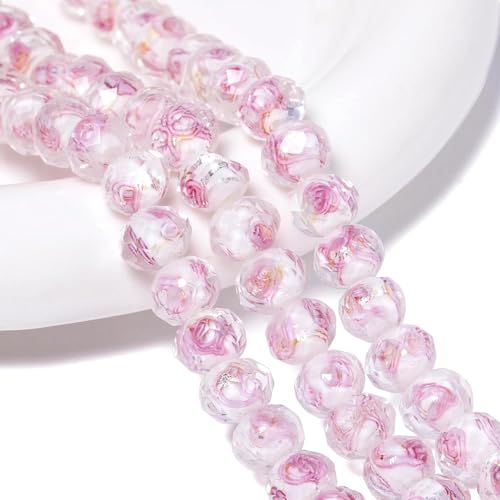 7.5×10mm 50pcs White Pink Flower Faceted Lampwork Glass Beads for Jewelry Making, Flat Round Handmade Murano Beads for Bracelets, Crafts, Friendship Bracelet Kit, Rosary Making - color: White Pink Flower