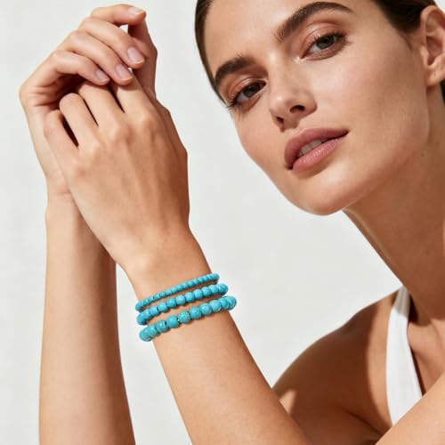 3Pcs Natural Healing Crystal Bracelets for Women Men, 4mm 6mm 8mm Beaded Stretch Bracelet Set, Black Tourmaline Natural Stone Gemstone Jewelry Gifts for Meditation, Reiki & Yoga - color: Turquoise