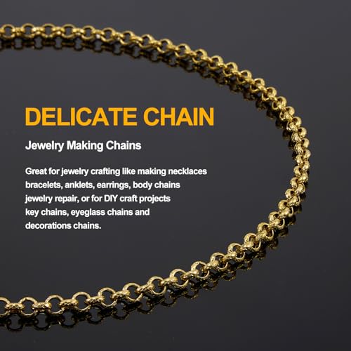 KYUNHOO 9.8FT/3M Gold Chain for Jewelry Making Textured Circle Links on Spool Stainless Steel Jewelry Chains Bulk for Necklace Bracelet DIY with Lobster Clasps Jump Rings - color: Circle Gold