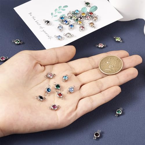Pandahall 34Pcs Rhinestone Connector Charms Birthstone Charms Stainless Steel Links Connectors Flat Round Linking Charms Glass Gemstone Crystal Pendant for Christmas Bracelet Earring Jewelry Making