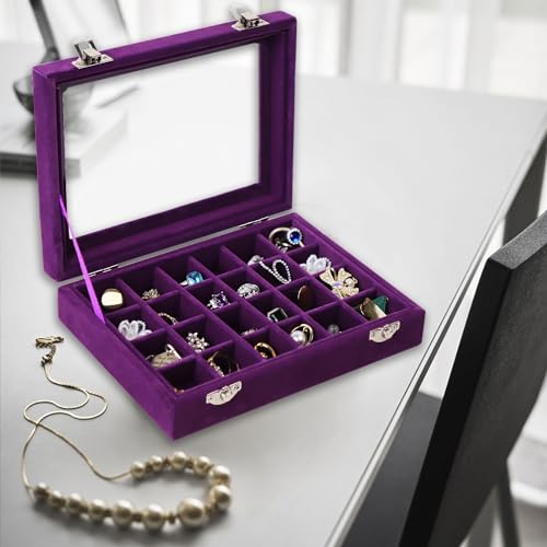 Velvet Jewelry Box 24 Grid Jewelry Earrings Display Organiser Box Ring Tray Holder Earrings Storage Case for Girls Women Wife Mom (Purple) - color: Purple