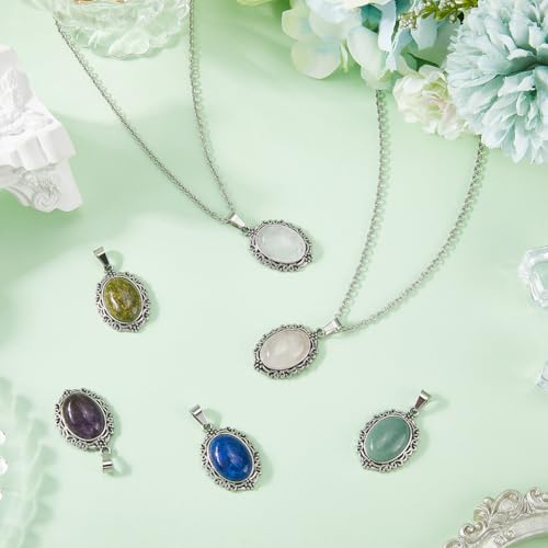 SUNNYCLUE 1 Box 6Pcs 6 Styles Natural Gemstone Charms Crystal Stone Charm Bulk Oval Alloy Antique Silver Colorful Gem Stones Pendants for Jewelry Making Supplies DIY Craft Necklace Bracelet Earring