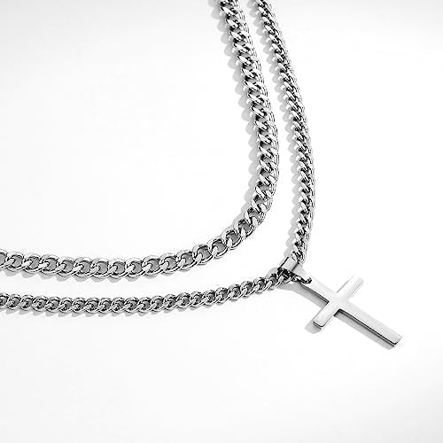 SENRAN Layered Cross Necklace for Men Boys Stainless Steel Layered Cuban Link Chain 16-24 inch Christian Cross Pendant Religious Jewelry Gifts - color: Silver, style: 22inch/24inch
